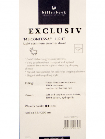  Одеяло Billerbeck Contessa light (лёгкое) не ниже +20°С, кашемир фото в интернет-магазине Герд Биллербек